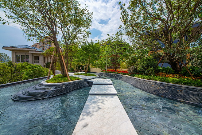 珠海卓越唐家墅展示区现代禅意水上汀步流线跌水植物种植景观设计sed