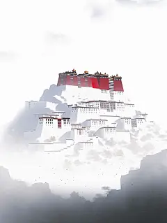 布达拉宫被白色浓雾包围，佛教禅宗平面插图海报