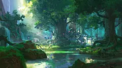森林 大树 城堡 瀑布 河流 动漫风景壁纸