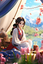 帐篷汉服女生CG露营模型插画图片
