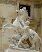 凡尔赛宫的两匹Marly horse 之一，现存卢浮宫。“凡尔赛宫的最大型的雕塑”。 
法国风光，典故，漂亮的照片 - 仰望星空 - 橘郡的山坡        凡尔赛宫的Marly horse，原来是古罗马的康斯坦丁大浴场发现的巨型战马与驯马人的雕塑，其原型是古希腊的雕塑。拿破仑打到意大利后，想尽办法也无法搬走。于是在法国建造了复制品。据考证：Marly horse 的两个驯马的勇士是希腊神话中的两兄弟，Castor和Pollux（卡斯托尔和波吕克斯）。
        他们兄弟两人是宙斯与列达（Leda
