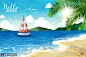 热带沙滩小岛夏日阳光帆船夏季插画图片下载-优图网