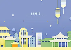 创意扁平化复古剪纸鼓楼建筑PSD分层模板banner海报设计PS素材