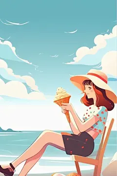 AI数字艺术原创夏季海边度假人物场景插画
