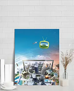 城市创意海报PSD分层素材|PSD分层,城市海报,创意PSD,城市创意,创意海报,海报psd,城市PSD,卡通电视机,电影场景,蓝色天空,遥控飞机,城市背景,立交桥开心,蓝色,科技,科幻,商务,商务/科技,背景图