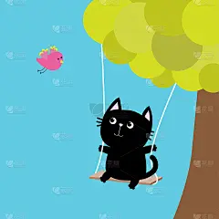 猫在荡秋千。绿色的树。粉红鸟飞行。可爱的胖卡通人物。卡哇伊宝宝宠物收藏。爱的名片。平面设计。有趣的孩
