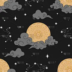 无缝矢量图案与黄道带月亮在深棕色的背景。天文学夜壁纸设计与金牛座。中国文化时尚纺织品。