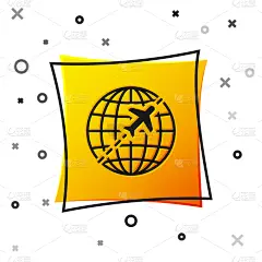 飞机,分离着色,地球形,图标,黑色,抽象,黄色,白色,飞,运输
