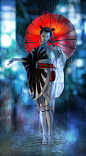 Inkpunk 55: Future Geisha, Marthe Jonkers : Geisha in the rain! Just a silly personal project where I'm trying out and learning different programs, like Marvelous Designer and Octane. I'm figuring out how to add these to my workflow to get the best and fa