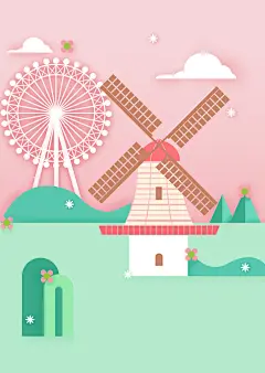 暑期旅游荷兰风车摩天轮扁平卡通风景