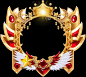 a gold crown with red and white wings