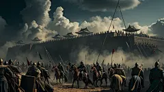 古代攻城战，低饱和度，史诗般的构图，超精细，真人写真，电影海报，高清画质