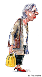 Watercolor of old woman with yellow bag. Painting from my walk in the streets today. Sketching people passing by. Frits Ahlefeldt #HikingArtist: 