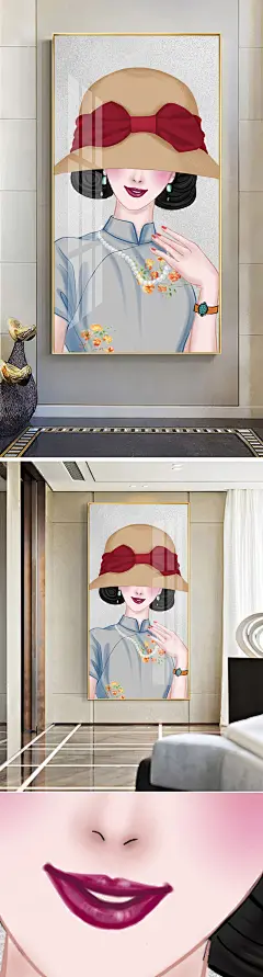 现代轻奢民国风手绘美女玄关装饰画