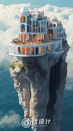 悬崖上的高清3d超现实未来主义酒店-优设计网精品AI素材，Midjourney AI图片关键词网站