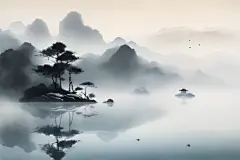 典雅唯美中国风水墨山水画装饰插画