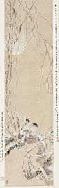 陈之佛 · 《雪夜柳禽图》丨题跋：陈之佛先生雪夜柳禽图得天籁之真谛画家深知大自然寂静三昧故能有此超凡入圣之作极可珍视也癸酉初冬和泽仁恺并题。钤印：蜀人（朱）、仁恺私印（白） 某每睹雪师遗墨别神伤也，癸酉冬月朴存志。