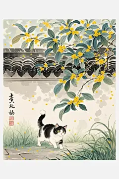 水墨插画庭院桂花树下一只小奶猫草