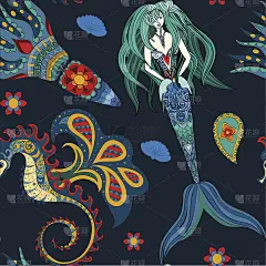 手绘装饰美人鱼，海马和calmar。童话故事