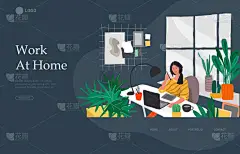 登陆页面模板与自由职业者设计师女孩工作在北欧风格的家庭办公室与猫。 日常生活和日常场景由年轻女子在丑