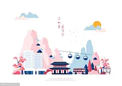缆车巴士古代建筑彩绘河山风景建筑插画