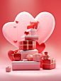 3d valentine presents with cards and hearts, in the style of minimalist backgrounds, light red, candid atmosphere, daz3d, minimalist stage designs, flat surfaces, ceramic