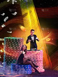 男子指着手里的两个a，女子微笑着坐在旁边。彩色的背景与成堆的筹码，飞行的美元，硬币。扑克赌场