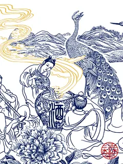 酒仙铜版画，白酒包装插画设计