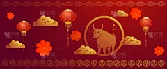 矢量抽象插画的中国新年春节。以红色为背景，以红色为图案，在花、云、灯笼中以公牛为象征。