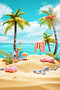 3d render of tropical holiday on beach background, in the style of jeeyoung lee, eccentric props, pentax 645n, post-painterly, creative commons attribution, cute cartoonish designs, desertwave