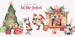 水彩手绘可爱卡通老式圣诞节贺卡EPS矢量插画素材 Lovely vintage christmas card