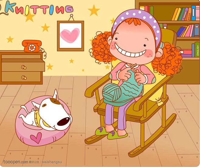 韩国卡通胖女孩摇椅上织围巾的卷发娃娃和狗窝里的小狗