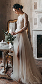 divine atelier 2020 bridal 3 quarter illusion sleeves v neckline heavily embellished bodice romantic a line ball gown wedding dress slit skirt sweep train (1) mv