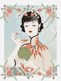 民国风手绘插图穿旗袍的美女梳妆