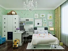        淡绿色卡通壁纸让人有了一线轻松，相框的出现多了一份感性的元素，让儿童房的内容更加丰富。
