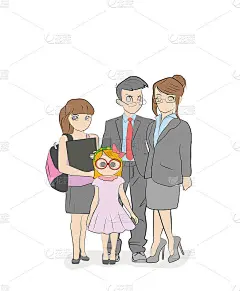 酷矢量平面设计插画现代家庭。父母和孩子站在一起。母亲、父亲、兄弟姐妹。十几岁的女孩，蹒跚学步的女孩站