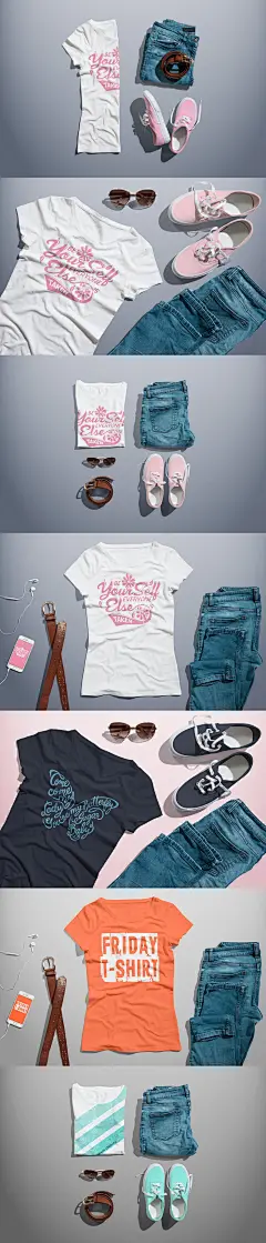 圆领T恤模拟女版服装搭配套装素材模板样机展示Crew Neck T shirt Mock up Female Version 77tq6d - 设计口袋