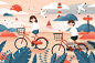 插画,伴侣,海滩,骑自行车,夏天正版图片素材