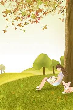 秋分治愈系插画女孩与狗