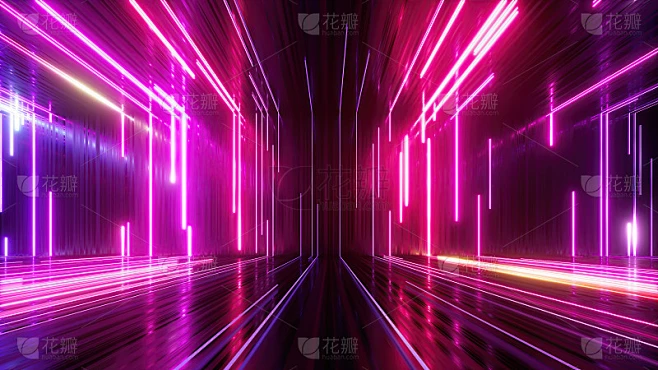 3d渲染，抽象霓虹灯背景与发光线条，空房间与地板反射素材-花瓣网