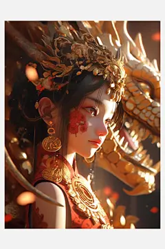 数字艺术手绘国风插画黄金女战士龙女战士-众图网