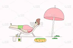 人在度假。矢量插图。戴墨镜的家伙在太阳躺椅上晒太阳。旁边有一把伞，一个瓶子和一个玻璃杯，人字拖，一个