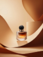 Commercial photography, perfume bottle product poster design, the main body is a round black ball-shaped cosmetic cap with glass texture and gradient color. The background of brown paper creates an abstract composition. High-end advertising brand photogra