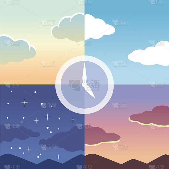 以早晨、中午、傍晚和夜晚为背景的时钟