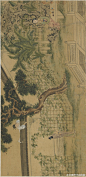 #明四家#【 明 仇英（传）《西厢记图册》 】册页，绢本，18.5×38cm×8，弗利尔美术馆藏。仇英的绘画风格有两种：一为较精细一路，精丽艳逸，无惭古人；其二为较粗犷一路，奔放自由、潇洒淋漓。此幅人物形象秀美、含蓄、优雅，线条在工致中又不失飘逸，笔法严谨，画面清新自然，属仇英精细一路的作品