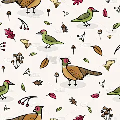 可爱的啄木鸟和野鸡卡通无缝矢量图案背景