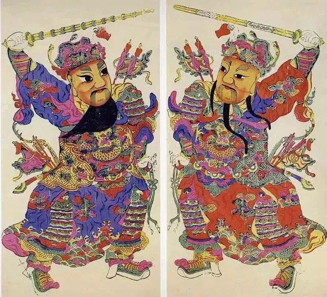 清 《门神秦琼和尉迟恭》 南京博物院藏 苏州桃花坞，桃花坞年画源于宋代的雕版印刷工艺，由绣像图演变而来，至清代中期而达鼎盛。桃花坞年画兼用着色 ...