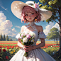 00344-1826868923-prompt_((masterpiece, best quality)), 1girl, flower, solo, dress, holding, sky, cloud, hat, outdoors, bangs, bouquet, rose, expr