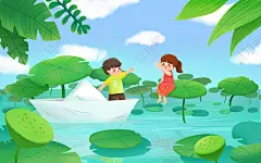 立夏插画手绘清爽夏日荷叶池里的小男孩和小女孩夏天原创插画素材