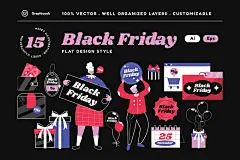 时尚创意黑五电视宣传促销海报设计矢量插画插图ai素材源文件 Black Flat Design Black Friday Illustration Set插图